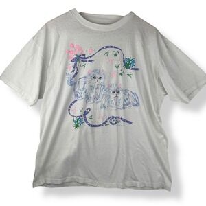 Vintage 90s Cat Graphic Single Stitch T-Shirt Size Large Lesal West 1990 Top